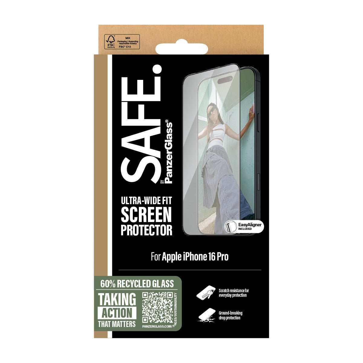 SAFE. by PanzerGlass® Screen Protection w. Black Frame iPhone 16 Pro | Ultra-Wide Fit